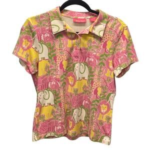 Vintage Key West Shirt Elephants Tropical Pink Yellow L